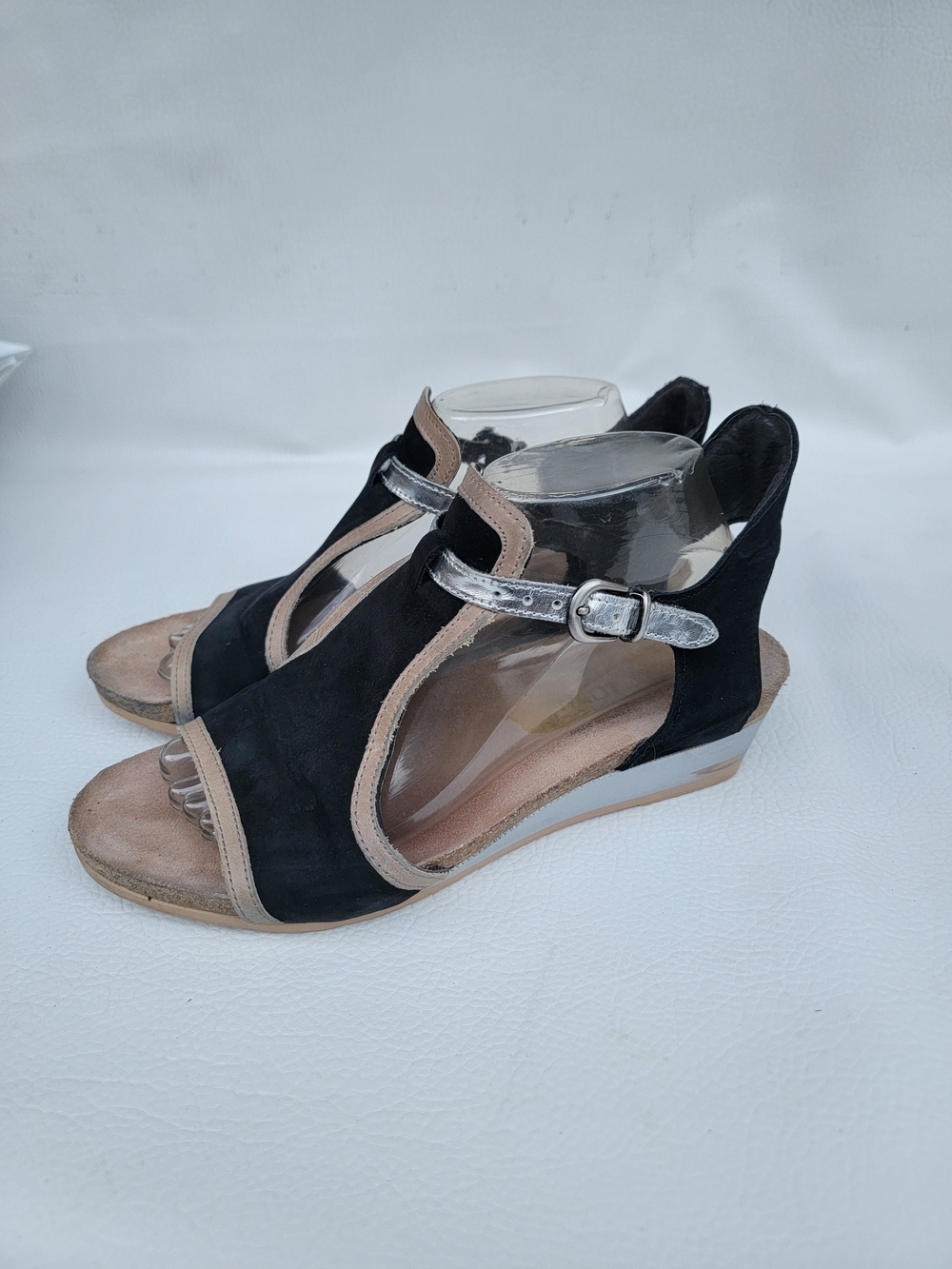 Naot Black and Beige Suede T-Strap Wedge Sandals